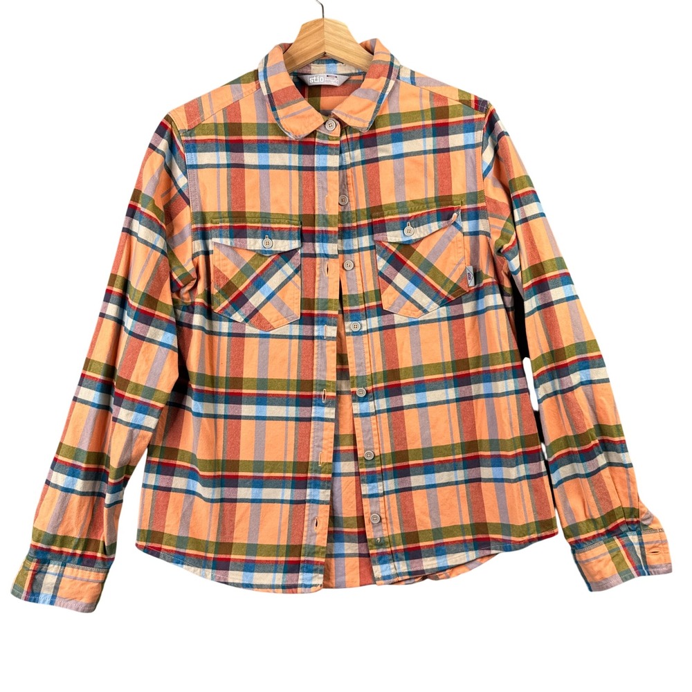 Stio Womens Medium Plaid Flannel Shirt Orange Blue Organic 100% Cotton Shacket